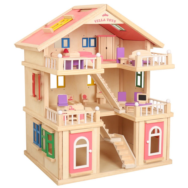 Happy Family Wooden Doll House | DIY Pretend Play Toy with Furniture & Dolls for Kids