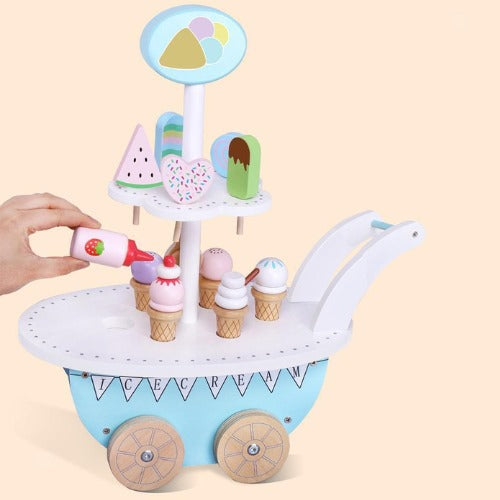 Wooden Ice Cream Cart Mini with Coffee Maker | Kids Pretend Play Role Play Toy Set