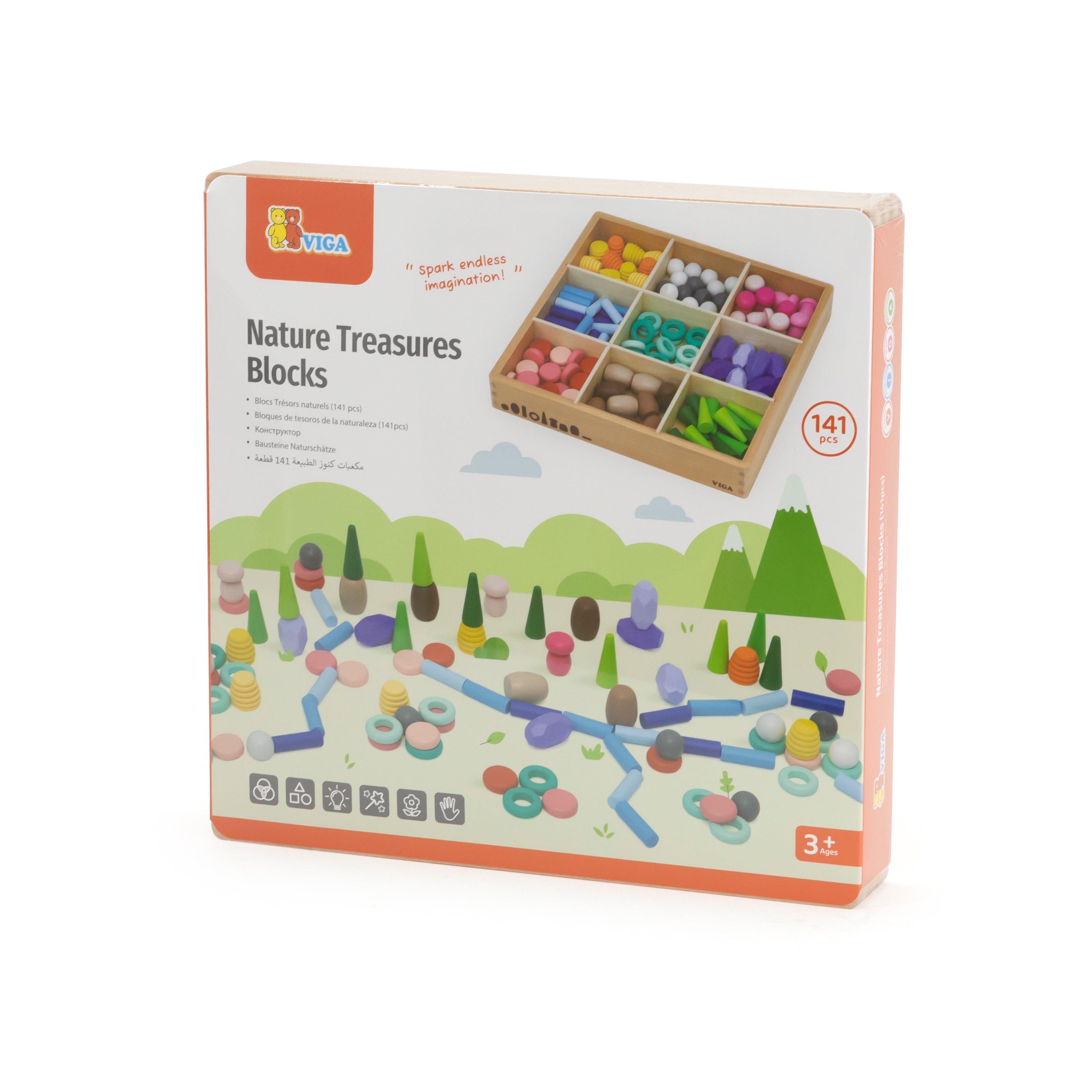 Nature Treasures Blocks 141 Pcs | Wooden Open Ended Montessori Building Set for Kids