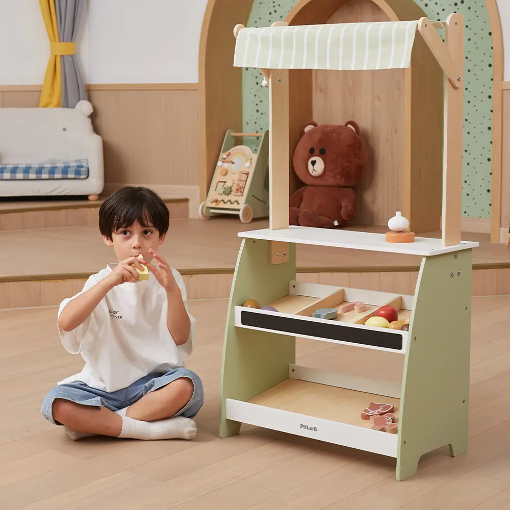 Wooden Market Stall Playset | Pretend Shop Role Play Toy for Kids 3+
