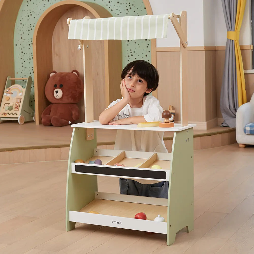Wooden Market Stall Playset | Pretend Shop Role Play Toy for Kids 3+