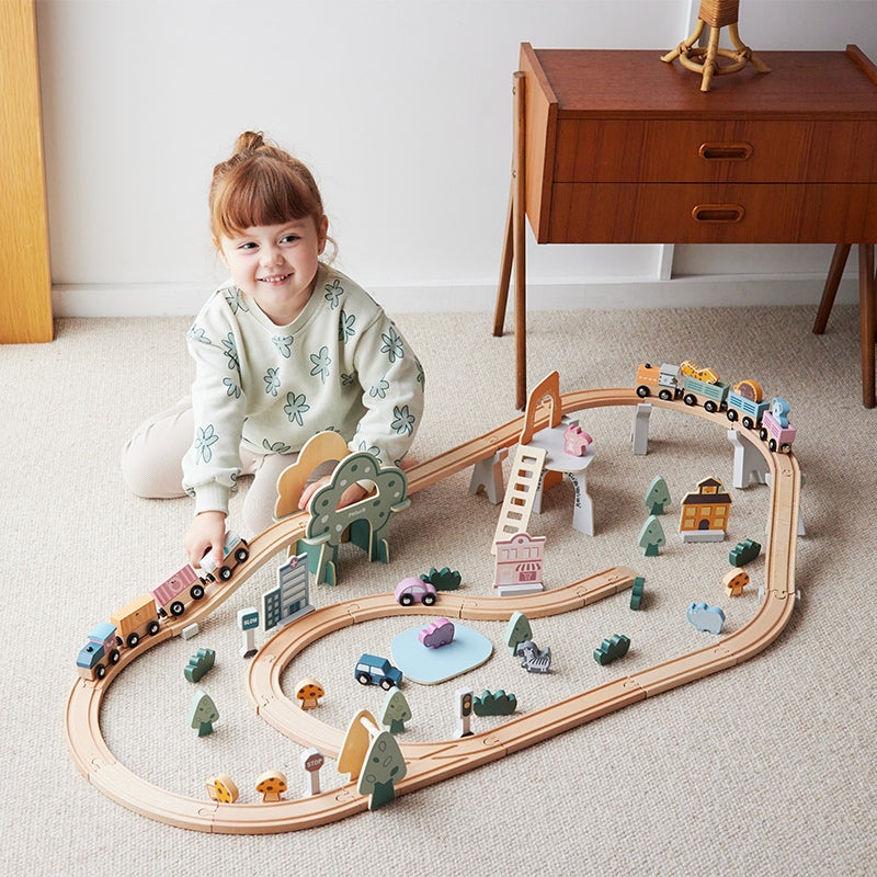 Wooden Train Track 92 Pcs Set | Polar B Grand Station Railway Toy for Kids