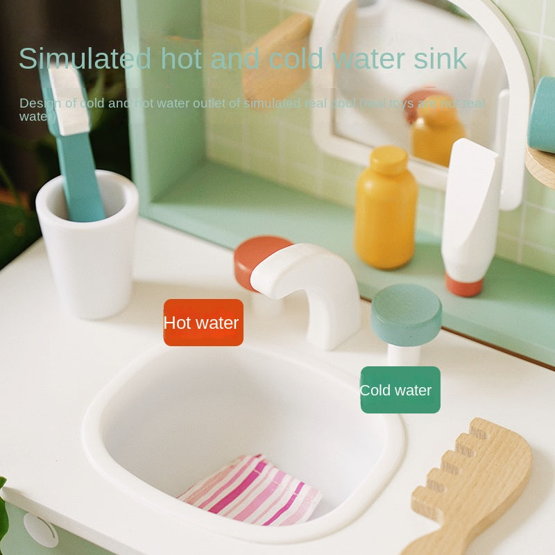 Kids Wooden Bathroom Sink Toy | Pretend Play Vanity Set with Accessories Educational Role Play