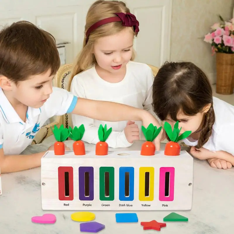 Carrot Harvest 3 in 1 Montessori Toy | Wooden Shape Sorting & Bead Maze Learning Set