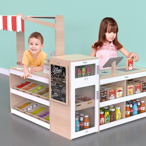 Supermarket Play Set for Kids | Wooden Fruit, Vegetable & Fridge Pretend Shop 3-in-1