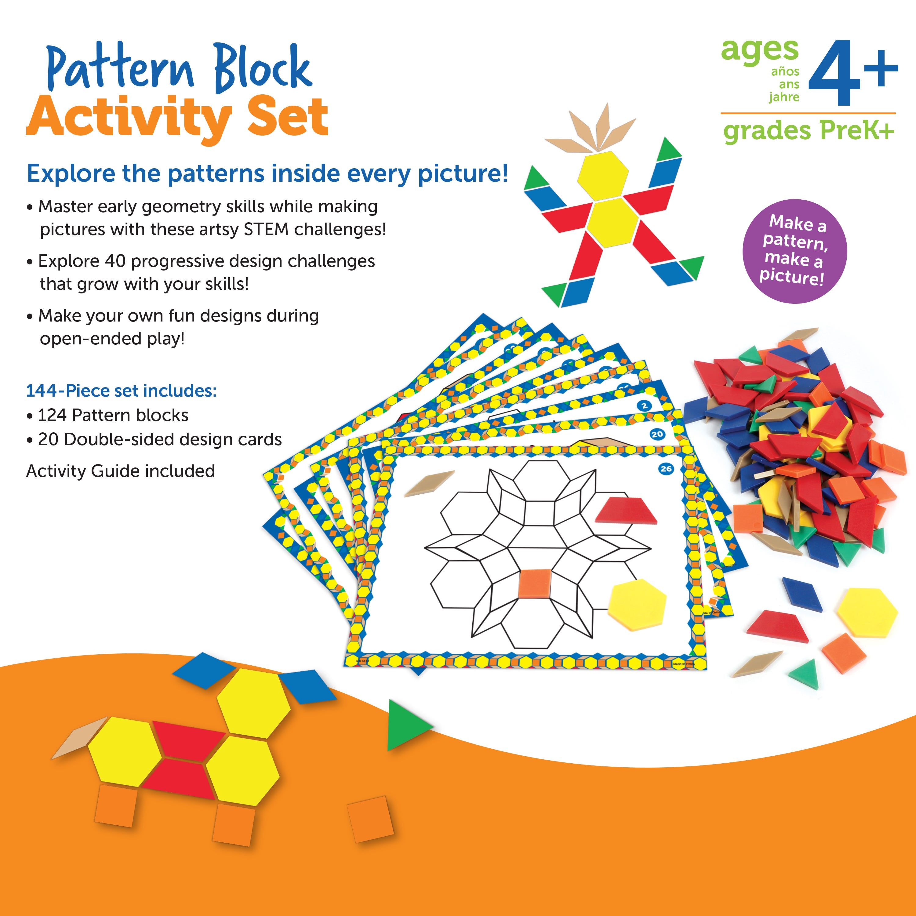 Pattern Block Activity Set 144 Pcs | Shape & Color Learning STEM Toy for Kids