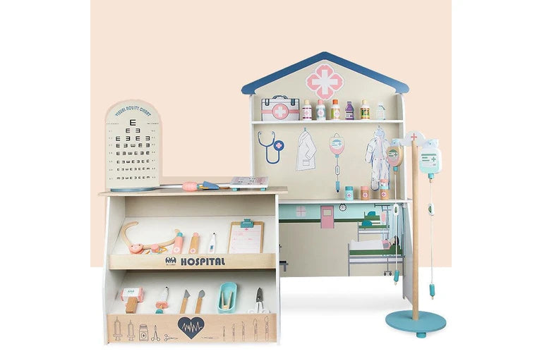 Wooden Medical Hospital Pretend Play Set Kids | Doctor Role Play Toy Station