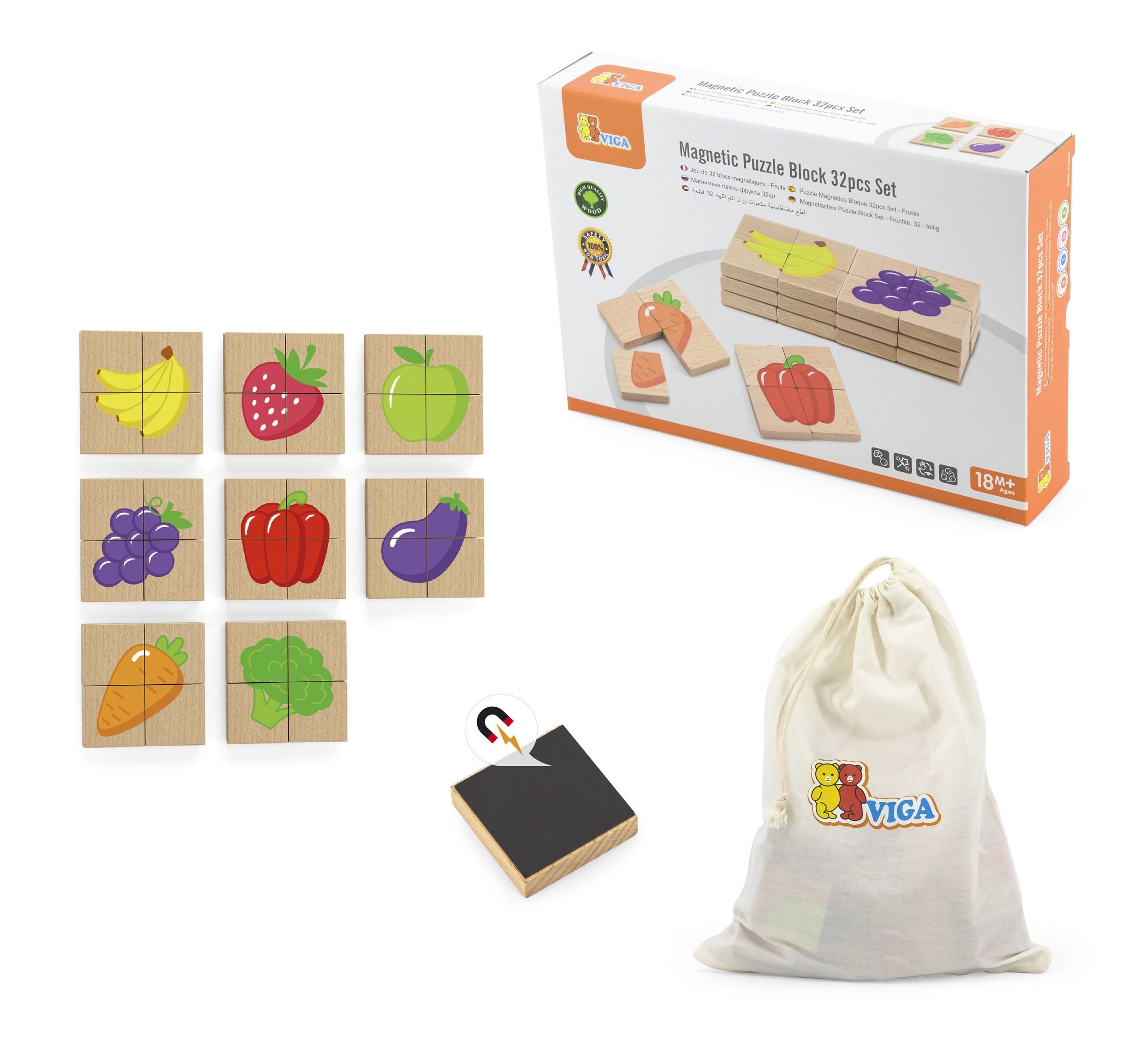 Magnetic Puzzle Block 32 Pcs Fruits Set | Wooden Educational Learning Toy for Kids