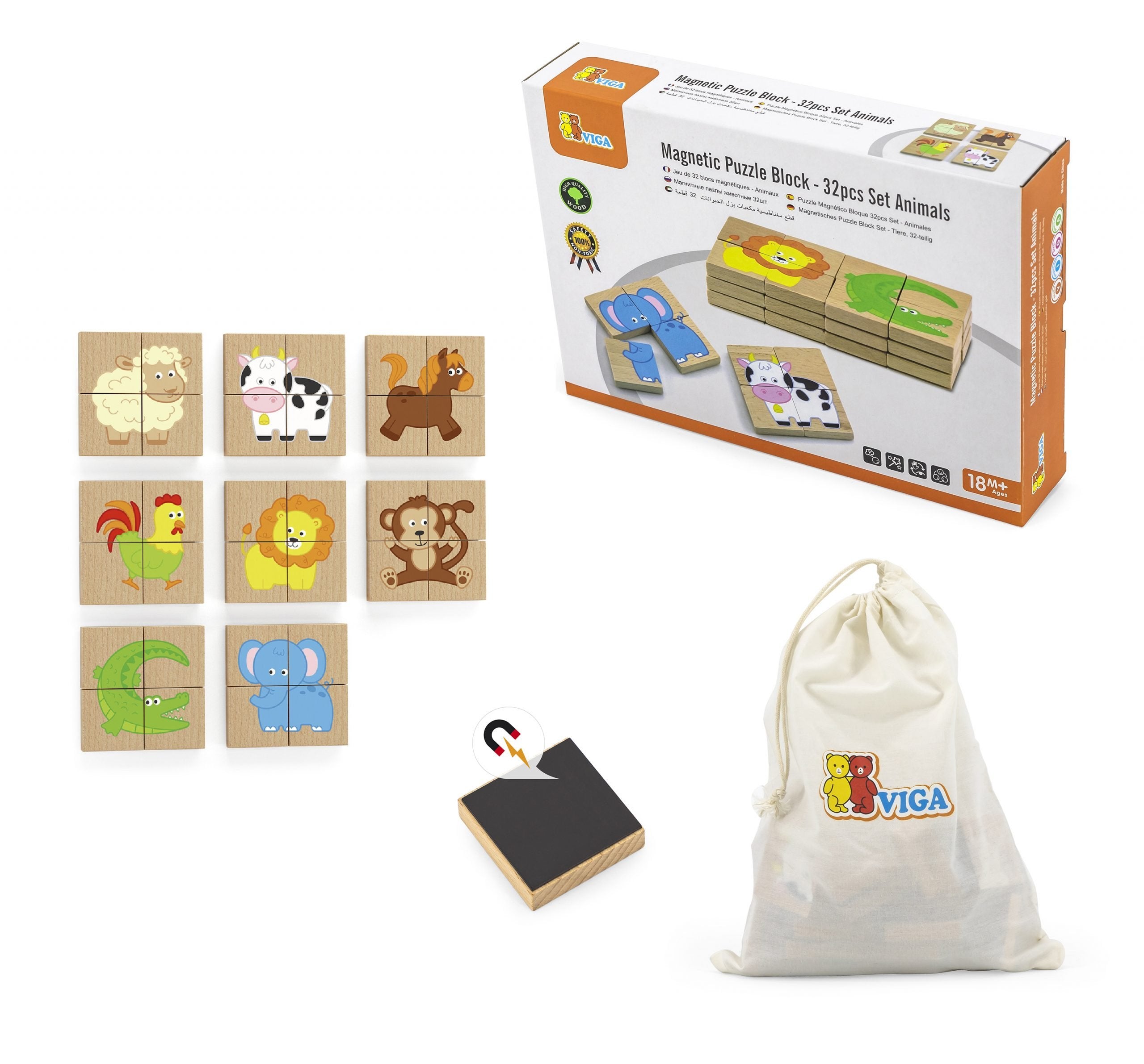 Magnetic Puzzle Block 32 Pcs Animals Set | Educational Wooden Learning Toy for Kids