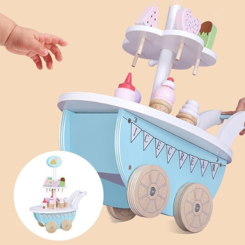 Wooden Ice Cream Cart Mini with Coffee Maker | Kids Pretend Play Role Play Toy Set