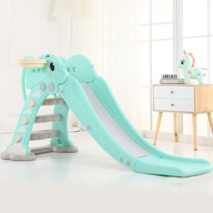 Kids Slide Playset 2-in-1 Toddler Airplane Green | Indoor Outdoor Slide with Basketball Hoop