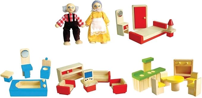 Classic Wooden Doll House with Furniture | 2-Story Pretend Play Dollhouse Set for Kids