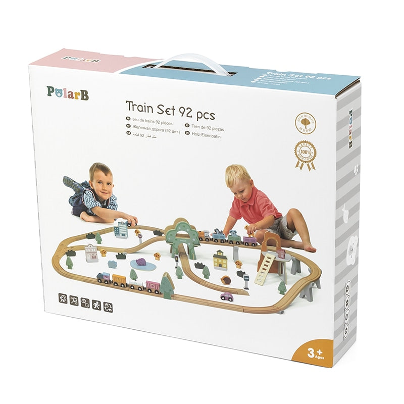Wooden Train Track 92 Pcs Set | Polar B Grand Station Railway Toy for Kids