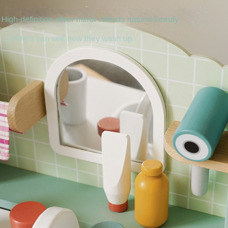 Kids Wooden Bathroom Sink Toy | Pretend Play Vanity Set with Accessories Educational Role Play