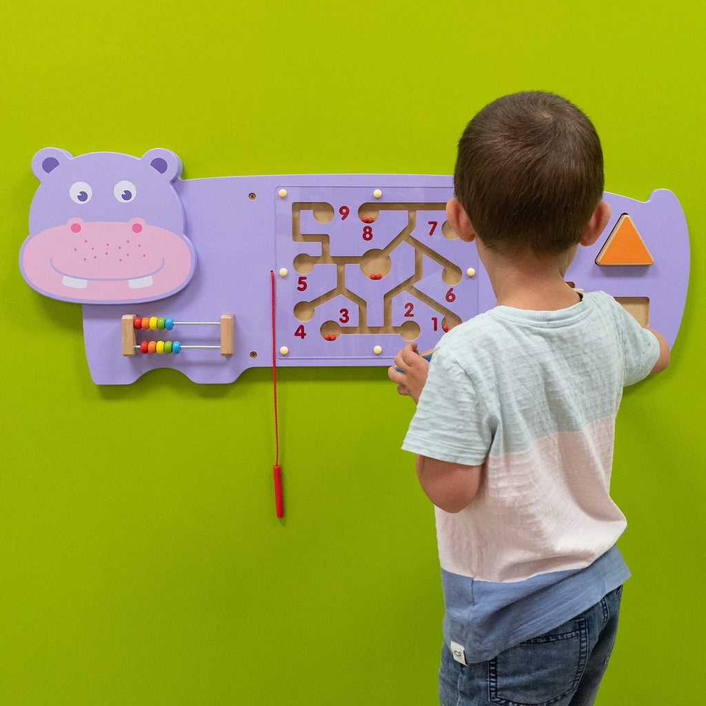 Hippo Activity Wall Panel for Kids | Wooden Sensory Busy Board Educational Wall Toy