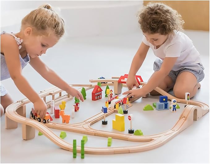 Wooden Train Track 90 Pieces | City & Farm Railway Play Set for Kids