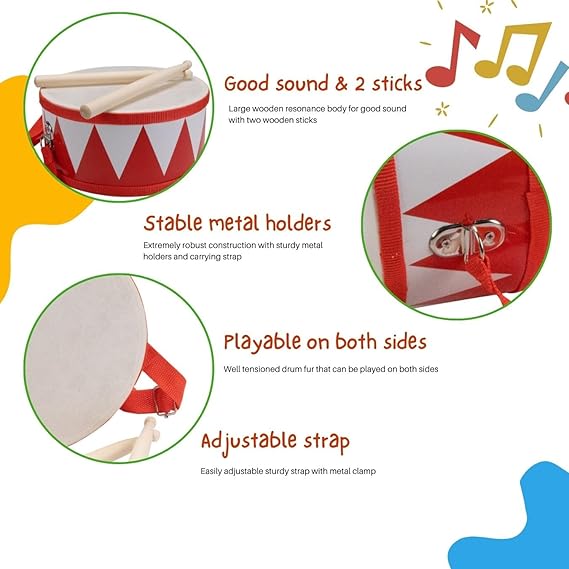 Children Wooden Drum Red Blue White | Kids Musical Instrument with Sticks