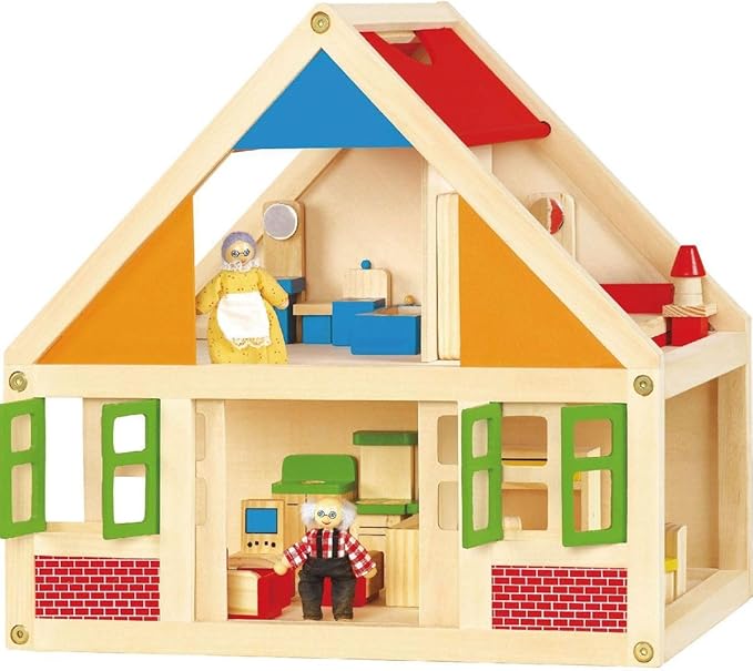 Classic Wooden Doll House with Furniture | 2-Story Pretend Play Dollhouse Set for Kids