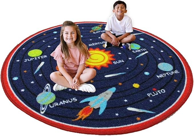 Blue Solar System Kids Play Mat 200x200cm | Educational Learning Carpet