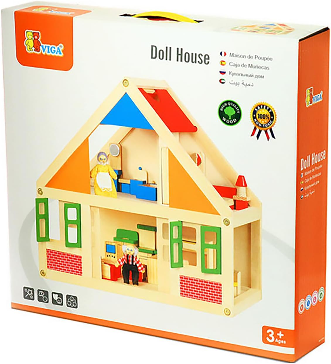 Classic Wooden Doll House with Furniture | 2-Story Pretend Play Dollhouse Set for Kids