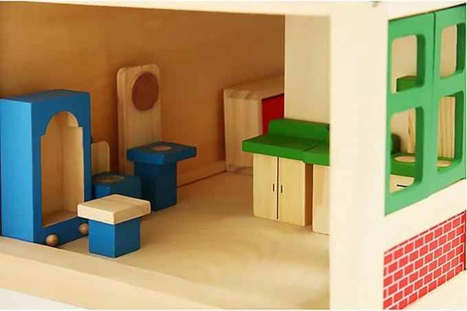 Classic Wooden Doll House with Furniture | 2-Story Pretend Play Dollhouse Set for Kids