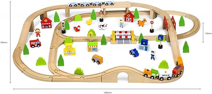 Wooden Train Track 90 Pieces | City & Farm Railway Play Set for Kids