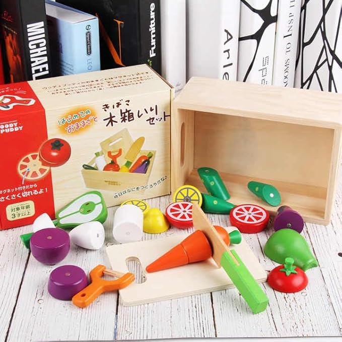 Wooden Vegetable Magnetic Cutouts in Crate | Kids Cutting Food Play Set