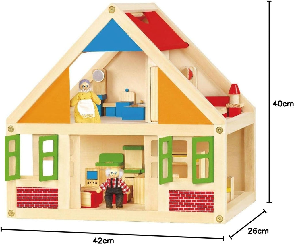 Classic Wooden Doll House with Furniture | 2-Story Pretend Play Dollhouse Set for Kids