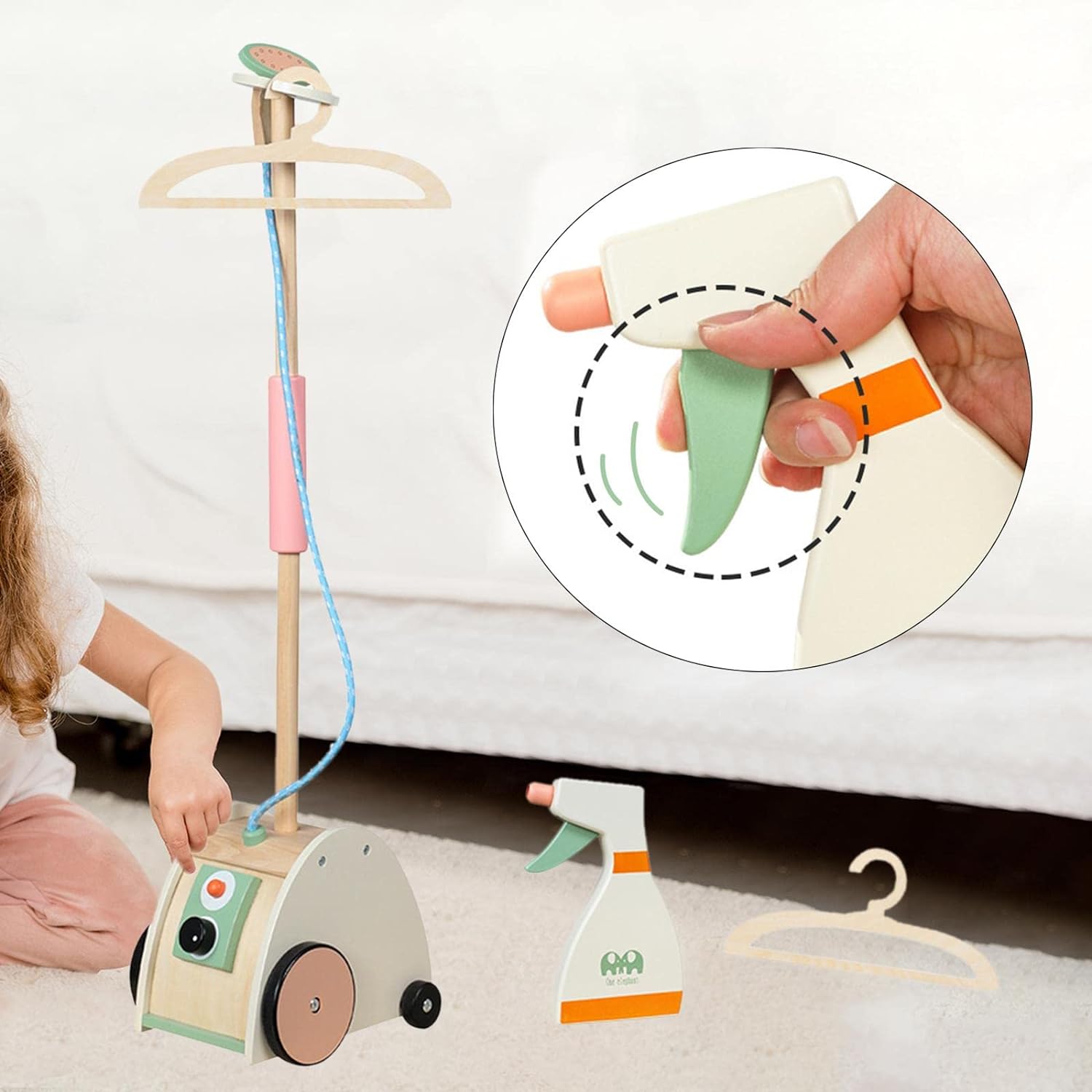 Wooden Garment Steamer Toy for Kids | Preschool Pretend Play Laundry Iron Set