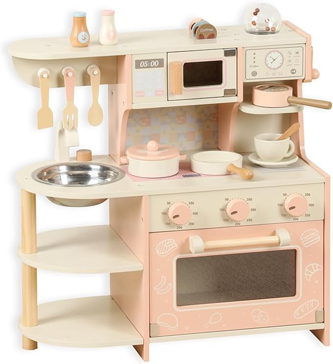 Wooden Coffee Kitchen Playset for Kids | Pretend Play Cooking Toy Set with Accessories