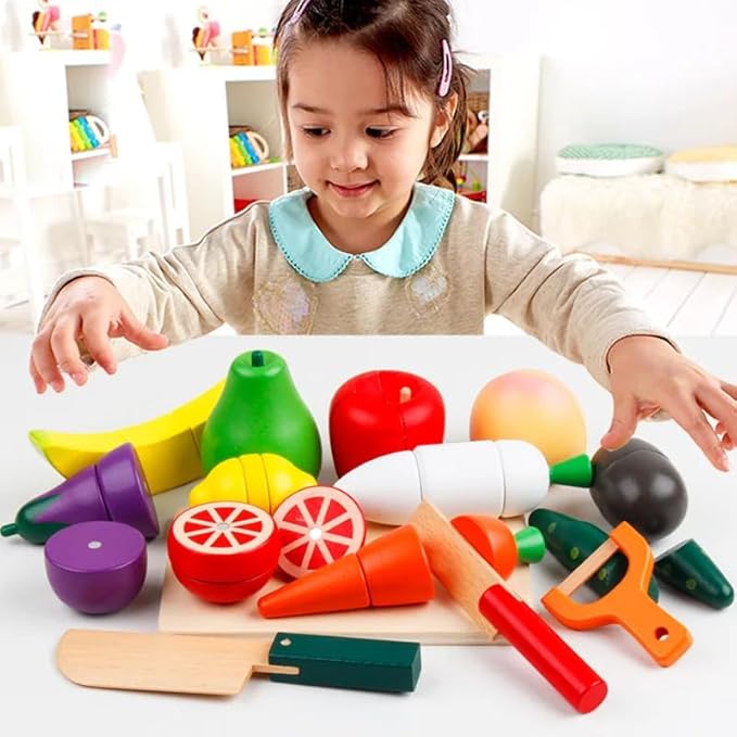 Wooden Vegetable Magnetic Cutouts in Crate | Kids Cutting Food Play Set