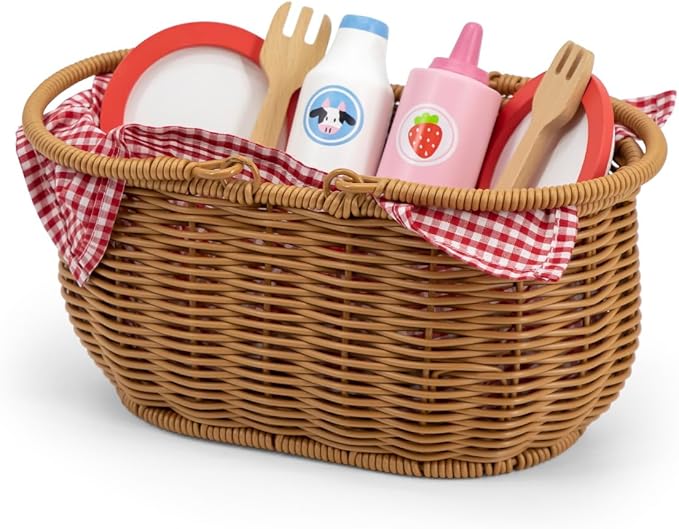 Wooden Picnic Set for Kids | Pretend Play Food Basket Toy Set 30 Pcs