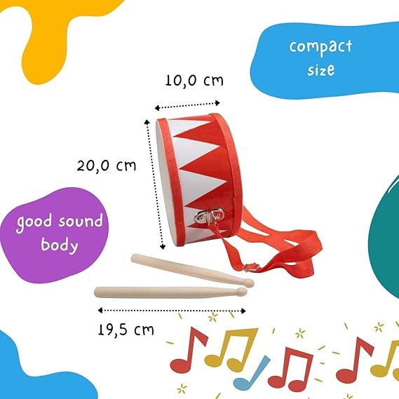 Children Wooden Drum Red Blue White | Kids Musical Instrument with Sticks