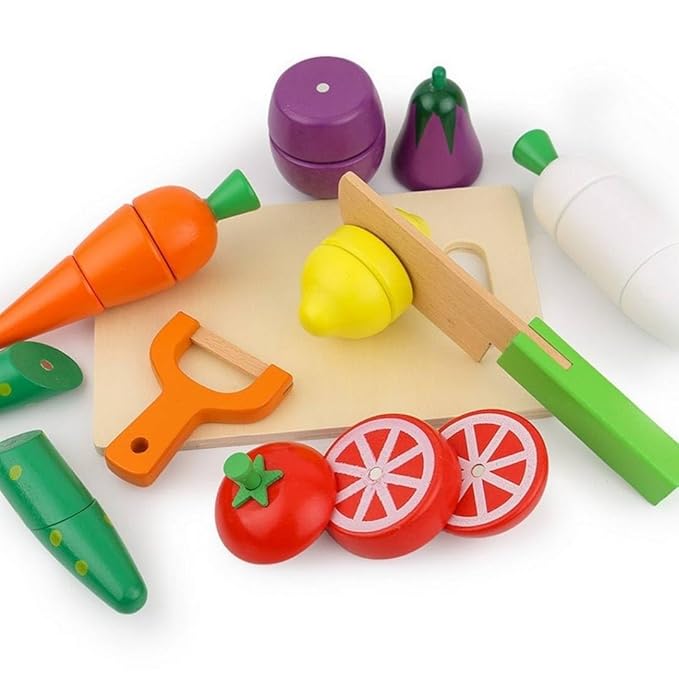 Wooden Vegetable Magnetic Cutouts in Crate | Kids Cutting Food Play Set
