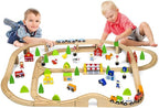 Wooden Train Track 90 Pieces | City & Farm Railway Play Set for Kids