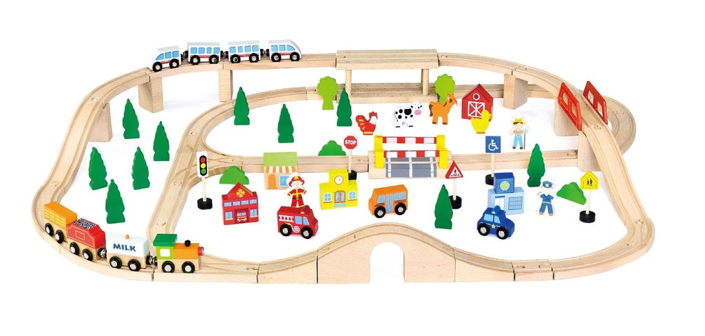 Wooden Train Track 90 Pieces | City & Farm Railway Play Set for Kids
