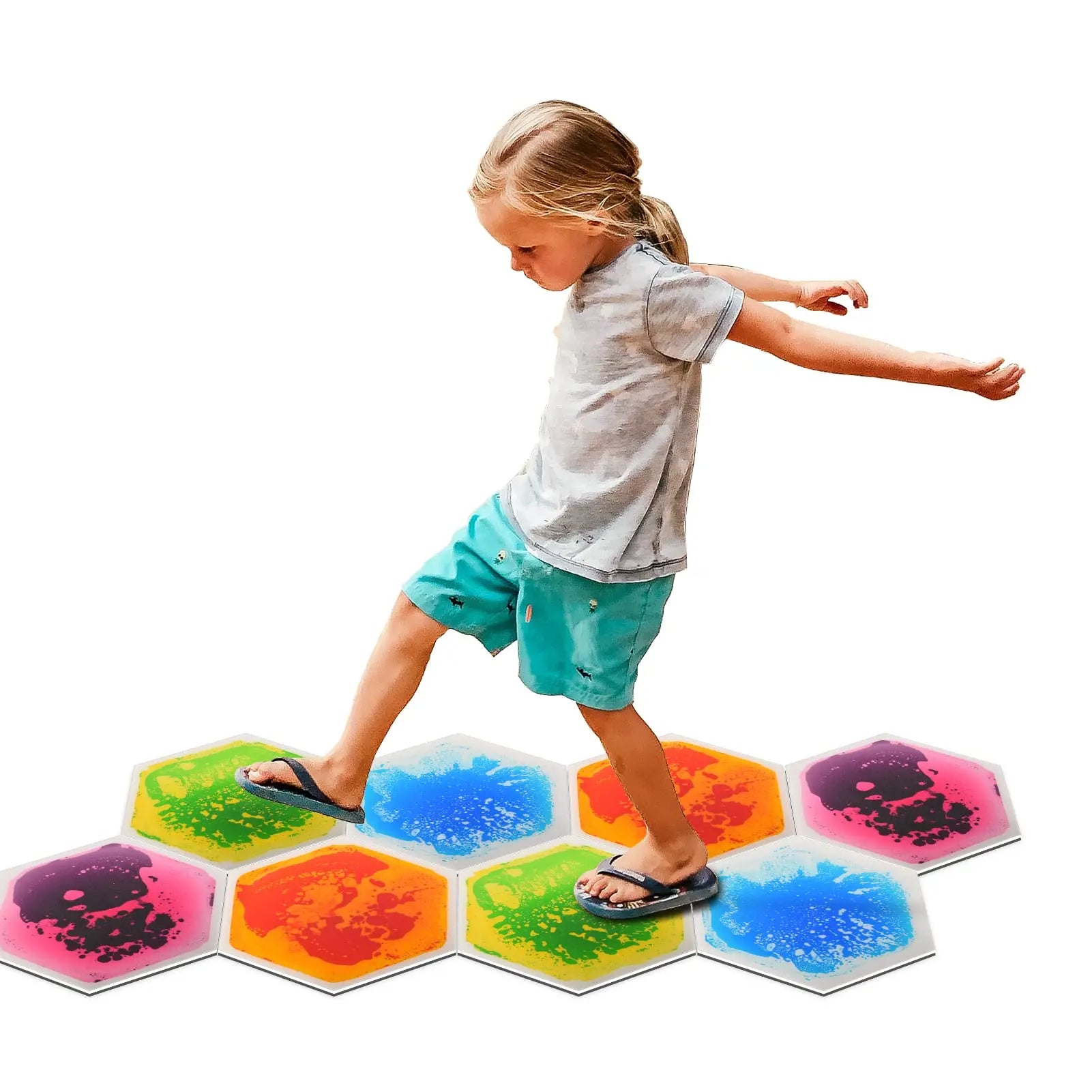Pressure Sensitive Color Changing Liquid Floor Mats 4 PCS Hexagonal | Kids Sensory Gel Tiles