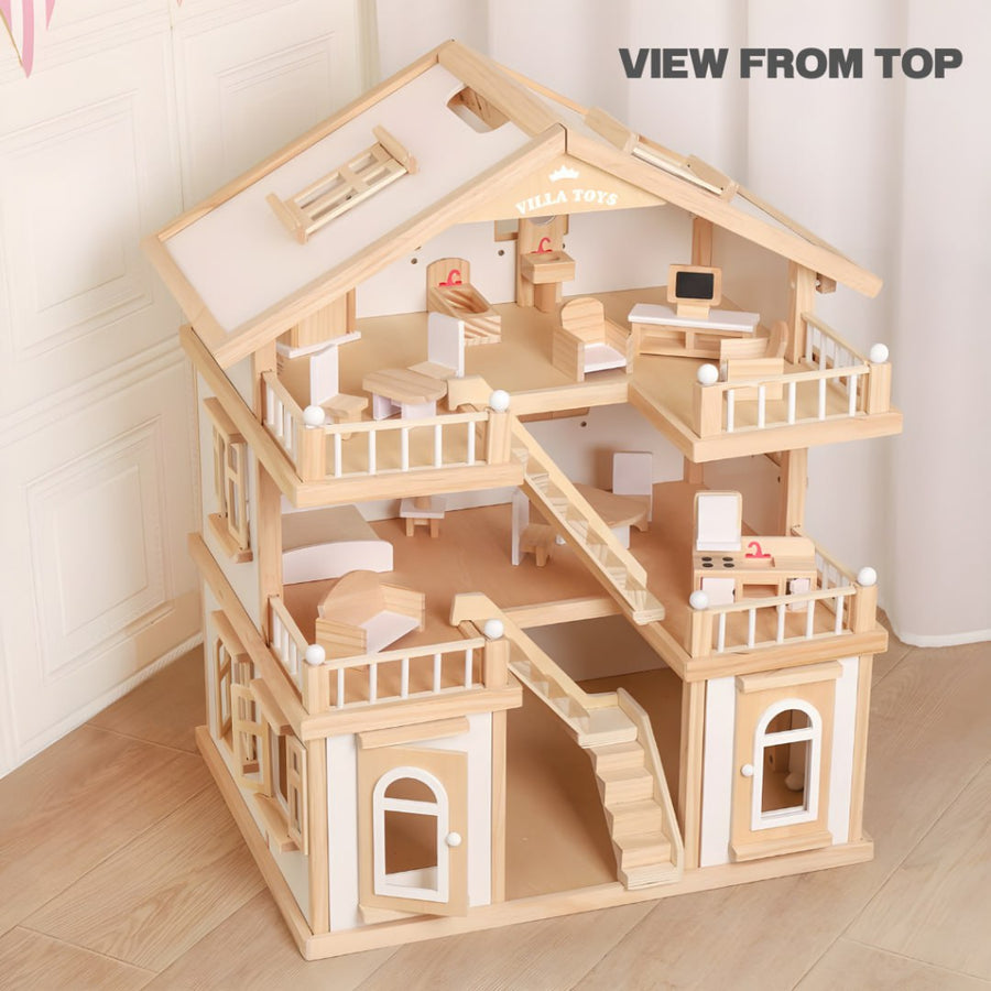 Happy Family Wooden Doll House for Kids | DIY Dollhouse with Furniture & Accessories