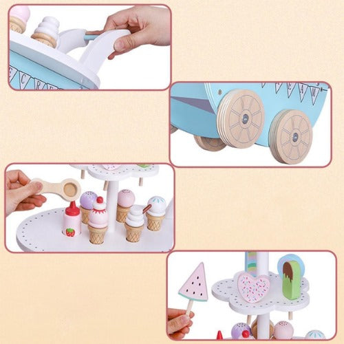 Wooden Ice Cream Cart Mini with Coffee Maker | Kids Pretend Play Role Play Toy Set