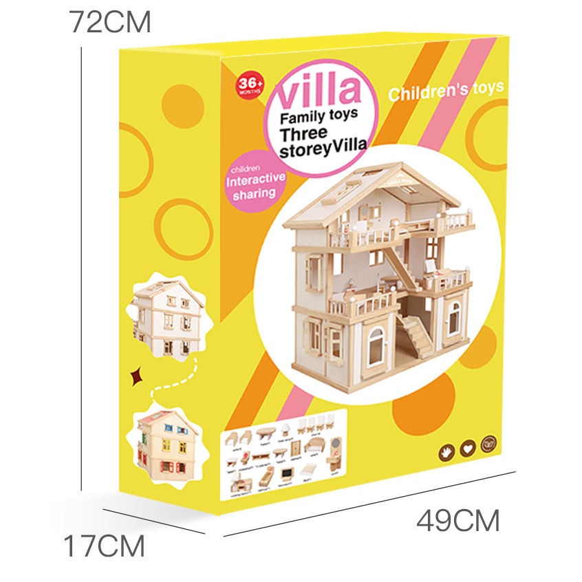 Happy Family Wooden Doll House | DIY Pretend Play Toy with Furniture & Dolls for Kids