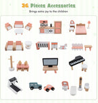 Wooden Doll House 6 Rooms Kids | 36 Accessories Pretend Play Dollhouse Set