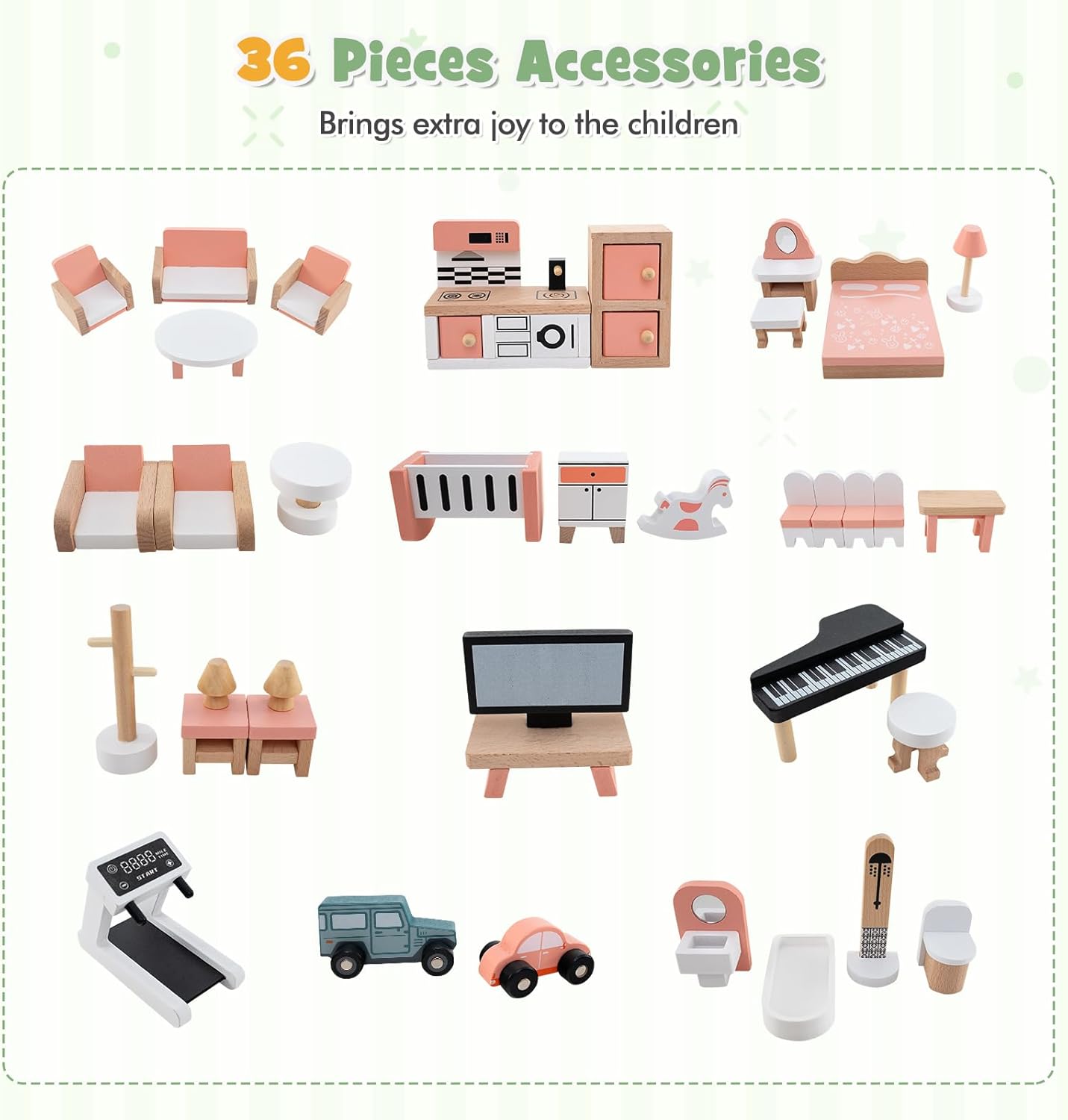 Wooden Doll House 6 Rooms Kids | 36 Accessories Pretend Play Dollhouse Set