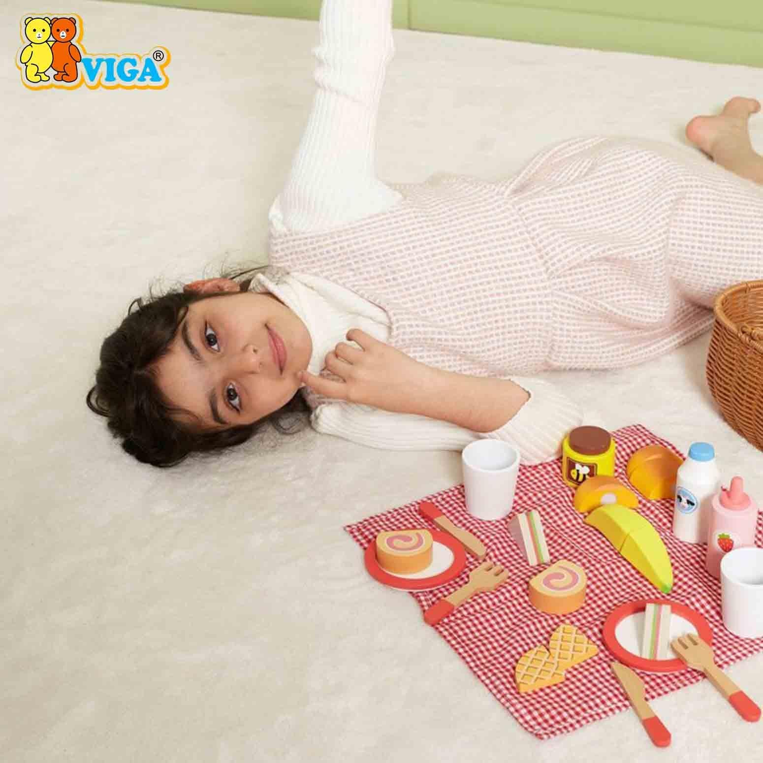 Wooden Picnic Set for Kids | Pretend Play Food Basket Toy Set 30 Pcs