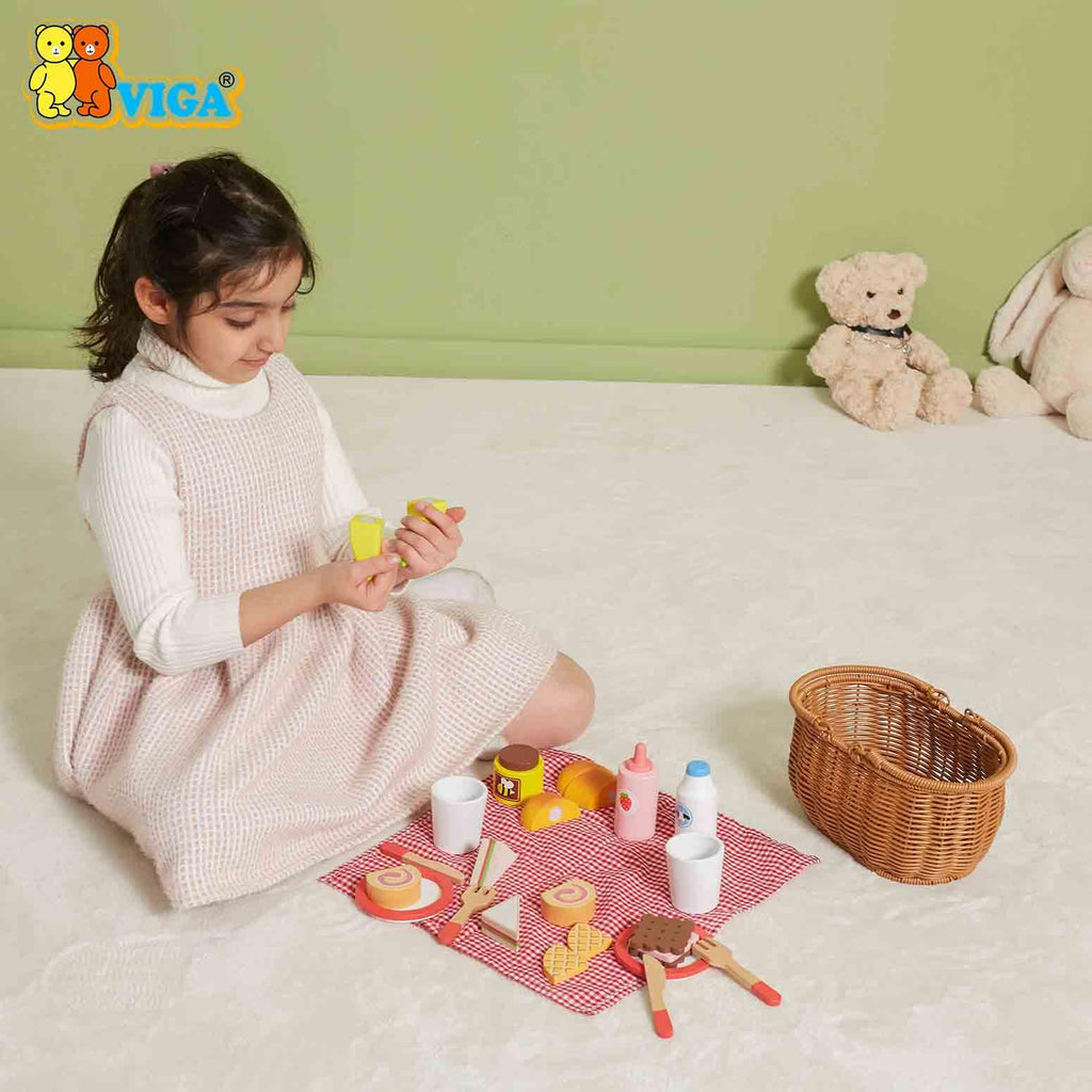 Wooden Picnic Set for Kids | Pretend Play Food Basket Toy Set 30 Pcs