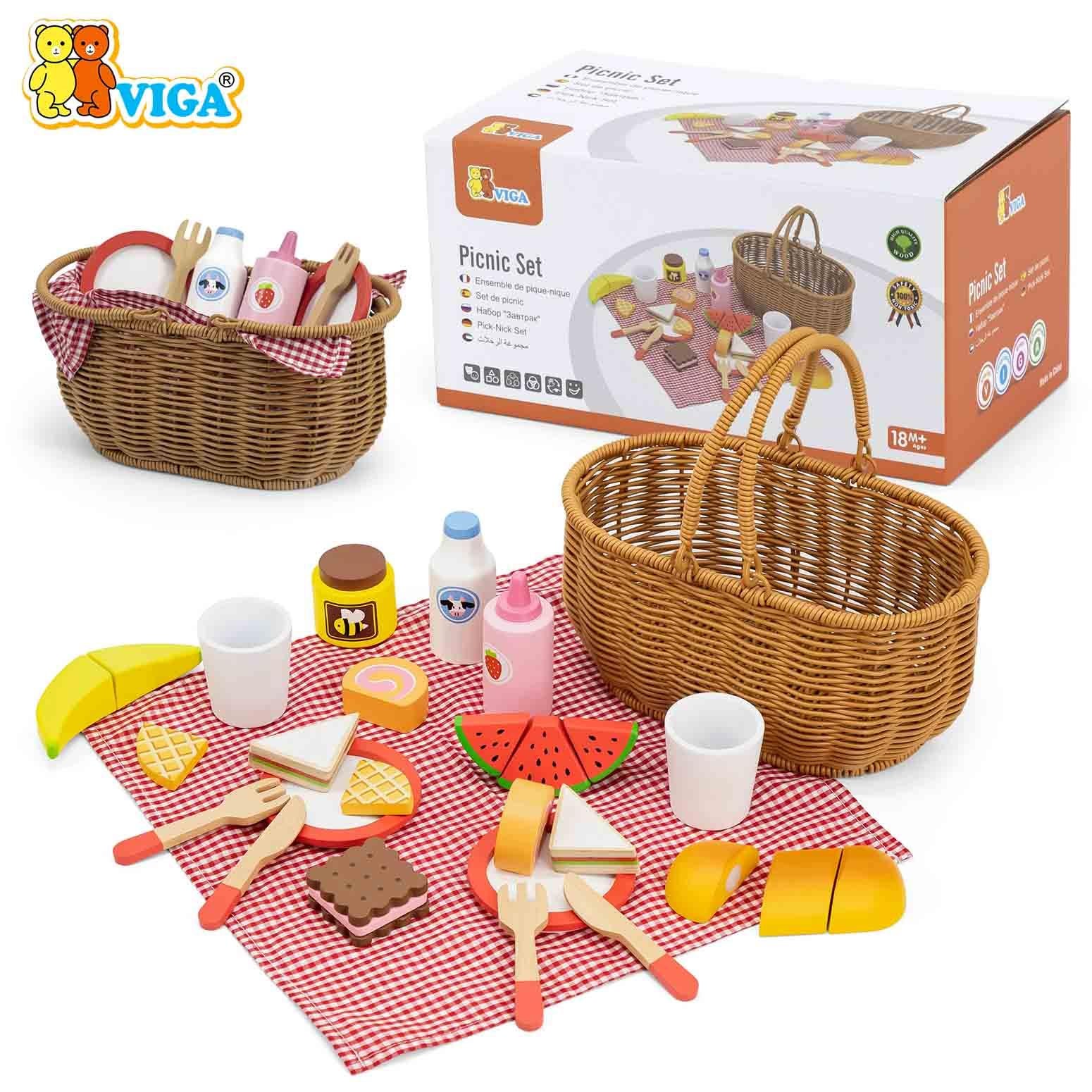 Wooden Picnic Set for Kids | Pretend Play Food Basket Toy Set 30 Pcs