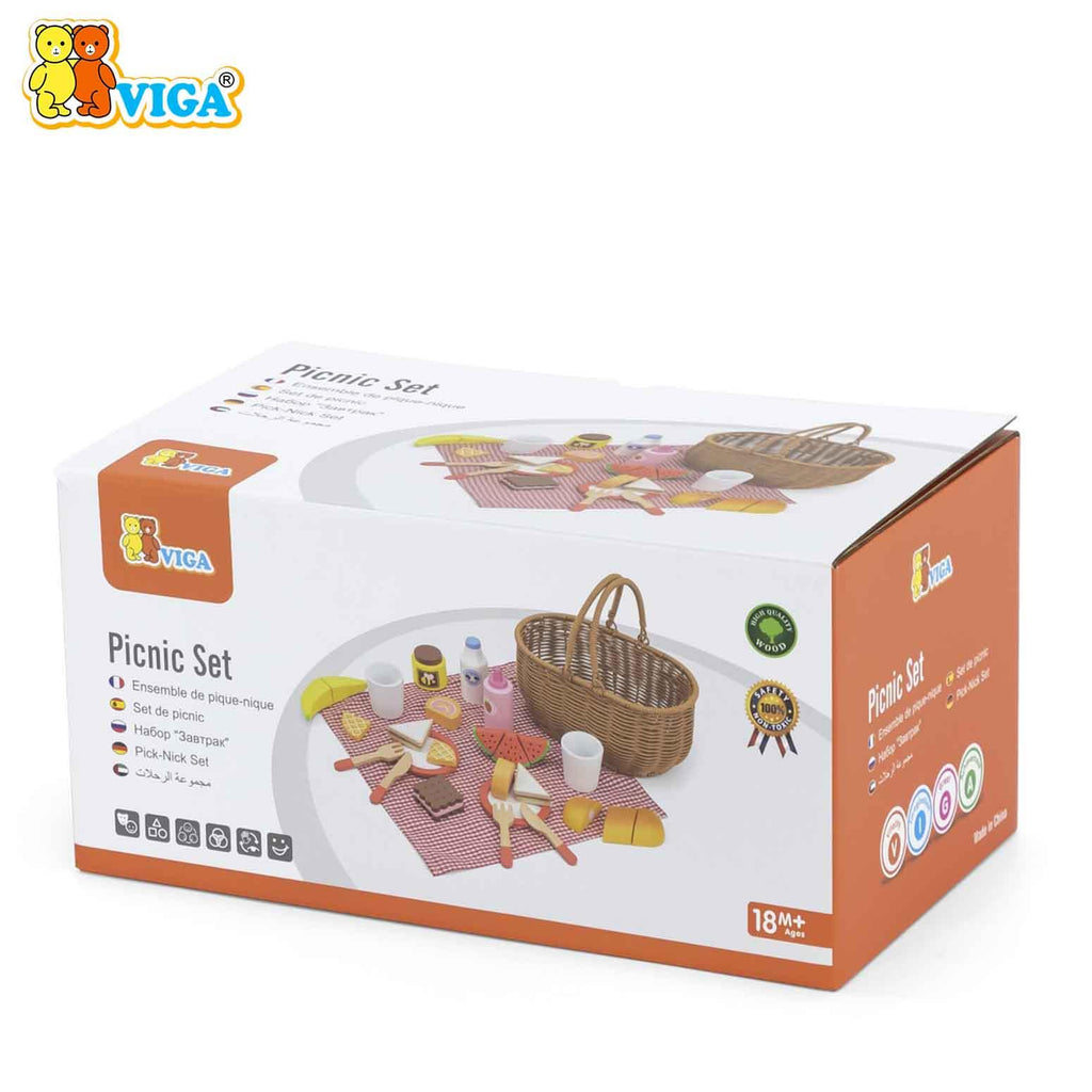 Wooden Picnic Set for Kids | Pretend Play Food Basket Toy Set 30 Pcs