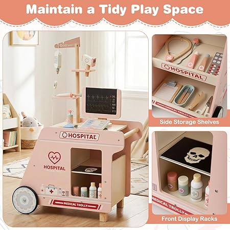 Wooden Medical Center Pretend Play Set Kids | Doctor Role Play Toy Station