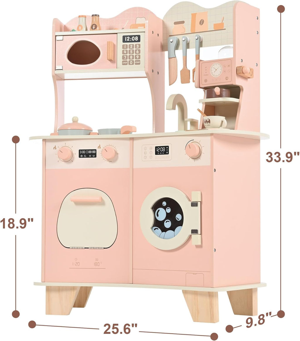 Wooden Play Kitchen for Kids with Coffee Maker | Pretend Cooking Set with Accessories