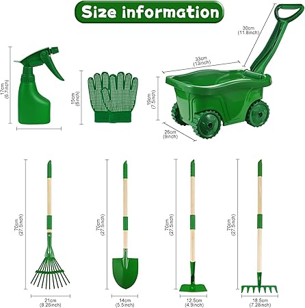 Kids Gardening Tools Set - 7pcs Wheelbarrow Set for Kids with Shovel, Rake, Leaf Rake, Summer Outdoor Yard Digging Weed Birthday Gifts,  Garden Tools Set Toy Outdoor Play | Garden & Soil Play