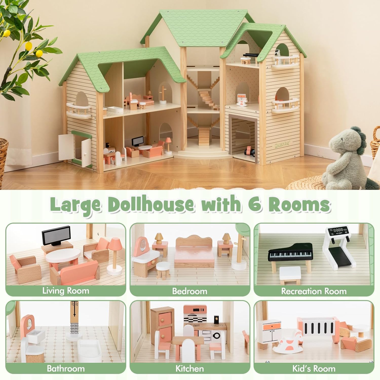 Wooden Doll House 6 Rooms Kids | 36 Accessories Pretend Play Dollhouse Set
